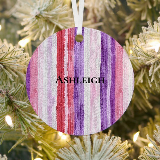 Girly Purple Blush Pink Red Stripes Christmas Metal Ornament (Insitu)