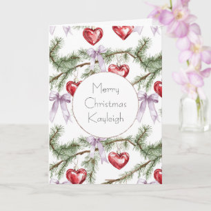 Girly Purple Bows Christmas Tree Branches Hearts Card