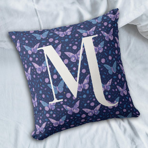Girly Purple Butterfly Pattern With Bold Monogram Throw Pillow