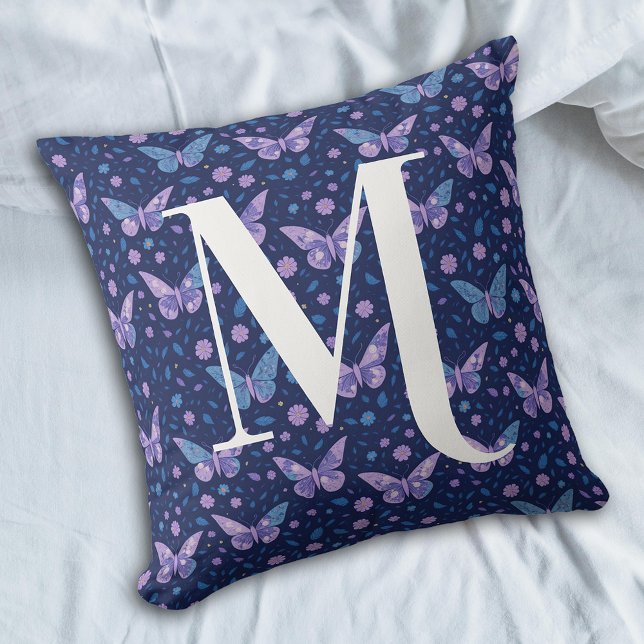 Girly Purple Butterfly Pattern With Bold Monogram Throw Pillow (Creator Uploaded)