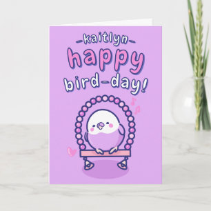 Girly Purple Cartoon Budgie Pun Birthday Card