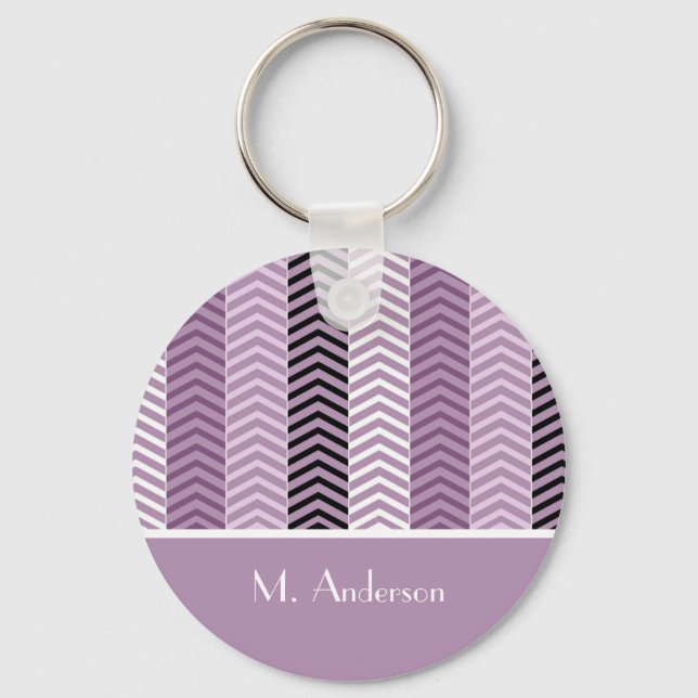 Girly Purple Chevron Stripes Pattern With Name Keychain (Front)