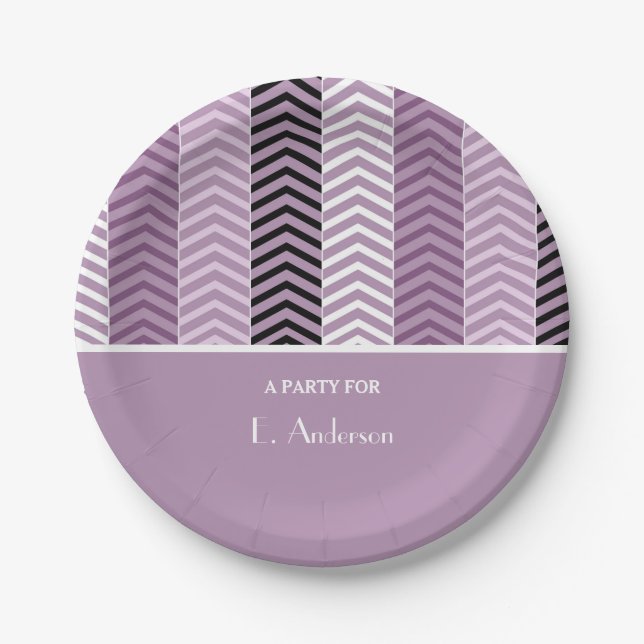 Girly Purple Chevron Stripes Pattern With Name Paper Plate (Front)