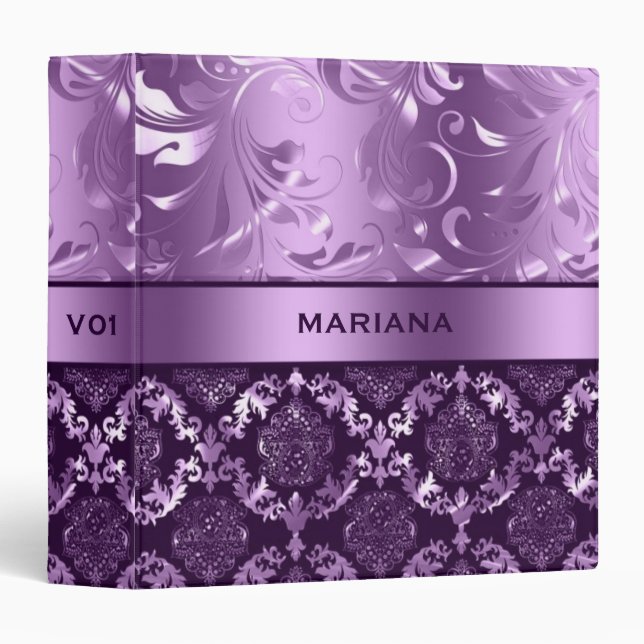 Girly Purple Damasks & Metallic Swirls Binder (Front/Spine)
