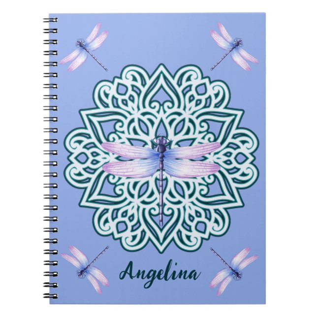 Girly Purple Dragonfly Mandala Monogram Name Notebook (Front)