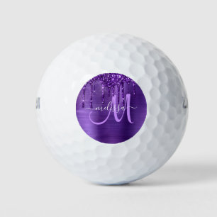 Girly Purple Dripping Glitter Brush Metal Monogram Golf Balls