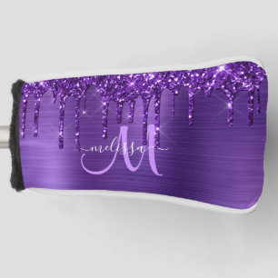 Girly Purple Dripping Glitter Brush Metal Monogram Golf Head Cover
