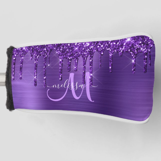 Girly Purple Dripping Glitter Brush Metal Monogram Golf Head Cover (Front)