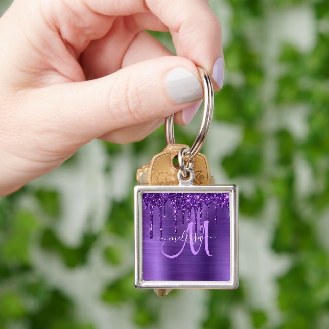 Girly Purple Dripping Glitter Brush Metal Monogram Keychain (Hand)