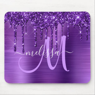 Girly Purple Dripping Glitter Brush Metal Monogram Mouse Pad
