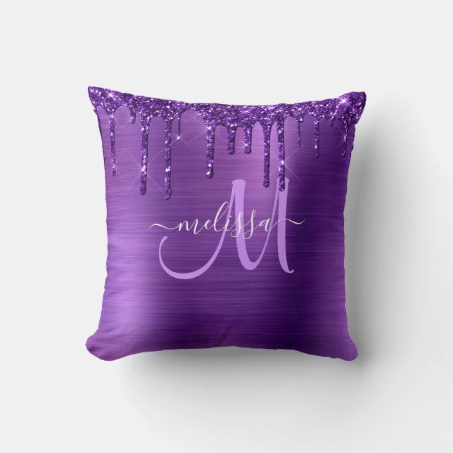 Girly Purple Dripping Glitter Brush Metal Monogram Throw Pillow (Front)
