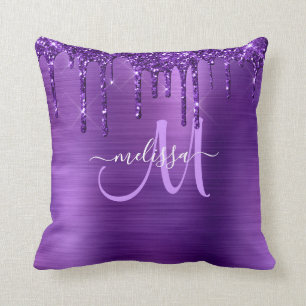 Girly Purple Dripping Glitter Brush Metal Monogram Throw Pillow