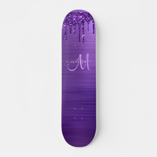 Girly Purple Dripping Glitter Monogram Name Skateboard (Front)
