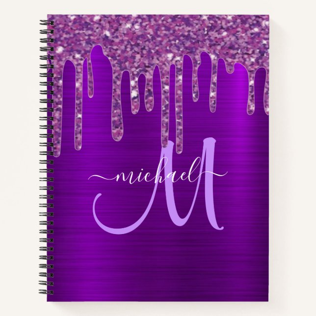 Girly Purple Dripping Glitter monogram sketchbook Notebook (Front)