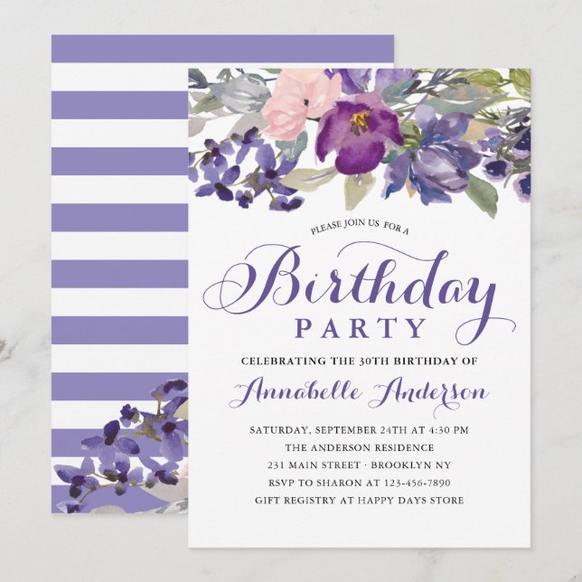 Girly Purple Floral Watercolor Script Birthday Invitation (Front/Back)