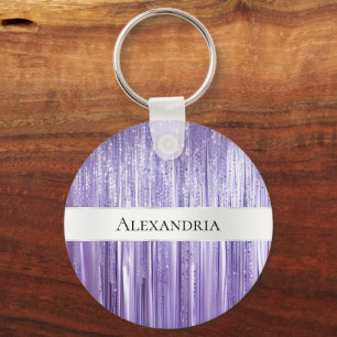 Girly Purple Glam Glitzy Tinsel Stripes  Keychain