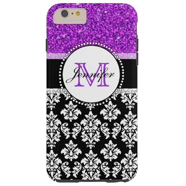 Girly Purple Glitter Black Damask Personalized Case-Mate iPhone Case (Back)