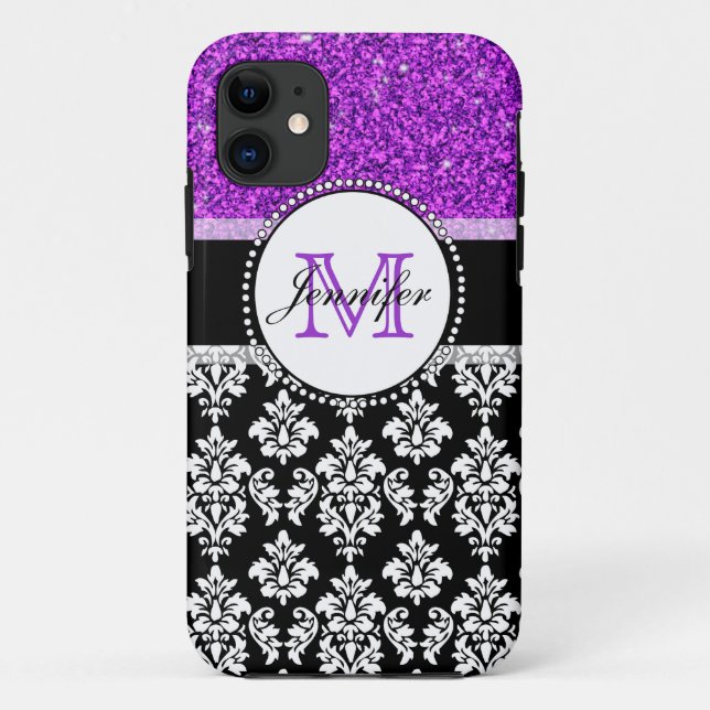 Girly Purple Glitter Black Damask Personalized Case-Mate iPhone Case (Back)