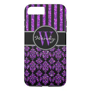 Girly Purple Glitter Black Damask Your Name iPhone 8 Plus/7 Plus Case