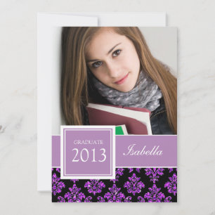 GIRLY PURPLE GLITTER DAMASK GRAD PHOTO INVITATION