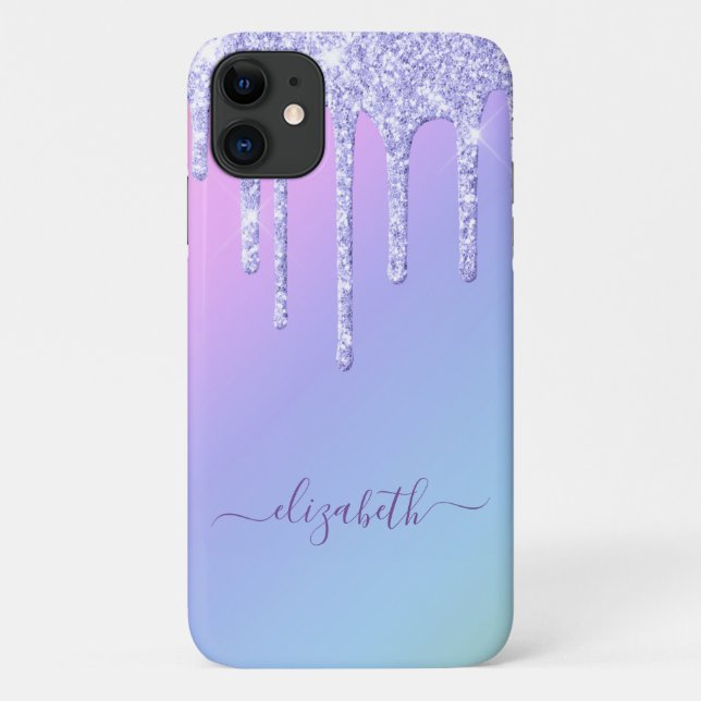 Girly Purple Glitter Drips Personalized Rainbow Case-Mate iPhone Case (Back)