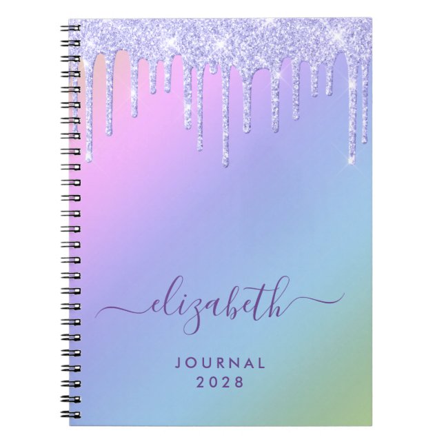Girly Purple Glitter Drips Personalized Rainbow Notebook (Front)