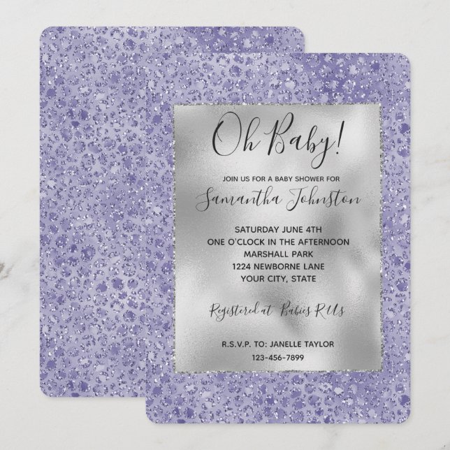 Girly Purple Glitter Glitz Leopard print Invitation (Front/Back)