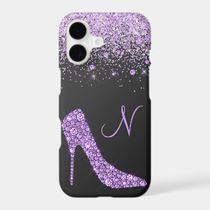 Girly Purple Glitter Shoe Script Monogram Black