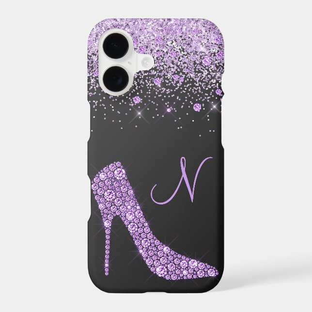 Girly Purple Glitter Shoe Script Monogram Black (Back)