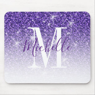 Girly Purple Glitter Sparkle Monogram Name Mouse Pad