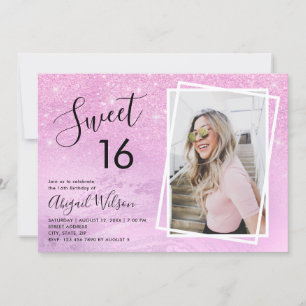 Girly purple glitter sweet sixteen birthday party invitation