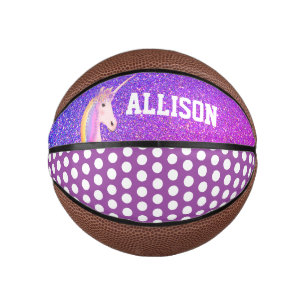 Girly Purple Glitter Unicorn Kids Personalized Mini Basketball
