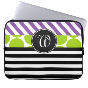GIRLY PURPLE GREEN BLACK STRIPES MONOGRAMMED LAPTOP SLEEVE