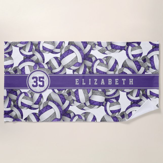 Girly purple grey custom volleyball team colours beach towel (Front)