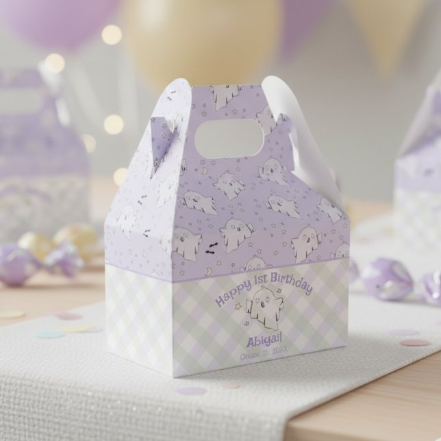 Girly Purple Happy First Birthday Halloween Favor Box (Spooky One Ghost Party Halloween 1st Birthday Ghost Favor Boxes. Cute Purple October Birthday Boxes)