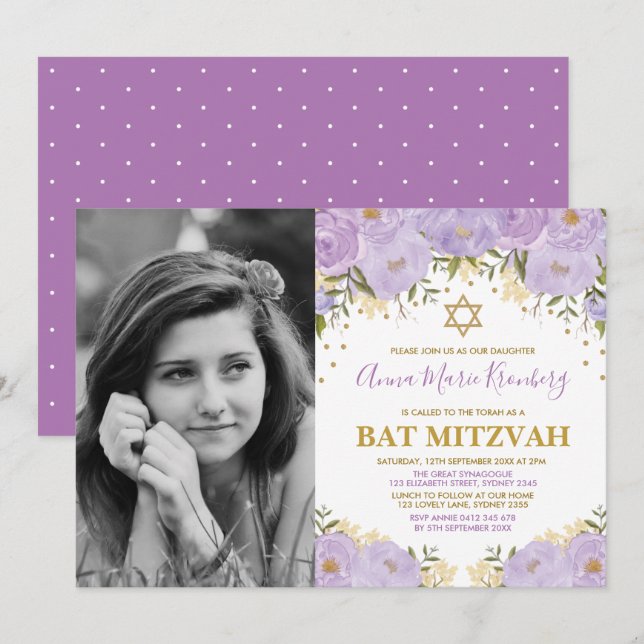 Girly Purple Lavender Gold Floral Bat Mitzvah Invitation (Front/Back)