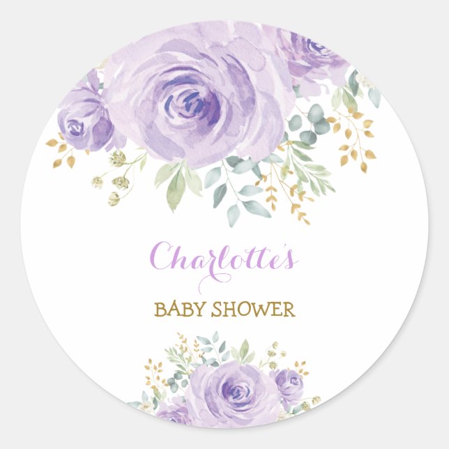 Girly Purple Lilac Floral Baby Shower Favour Classic Round Sticker (Front)