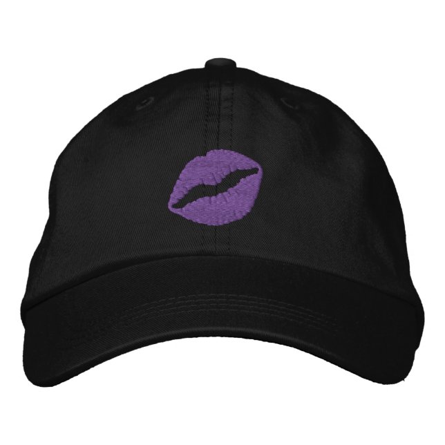 Girly Purple Lipstick Kiss on Black Embroidered Hat (Front)