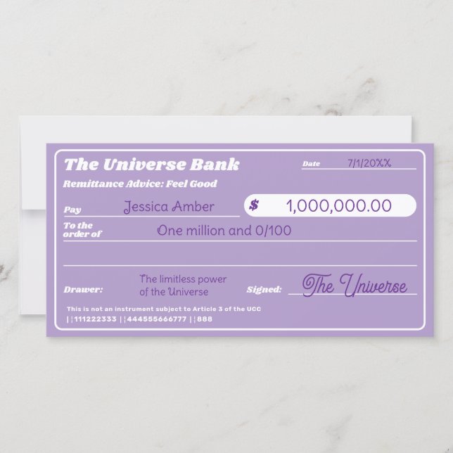 Girly Purple Money Manifestation Check (Front)