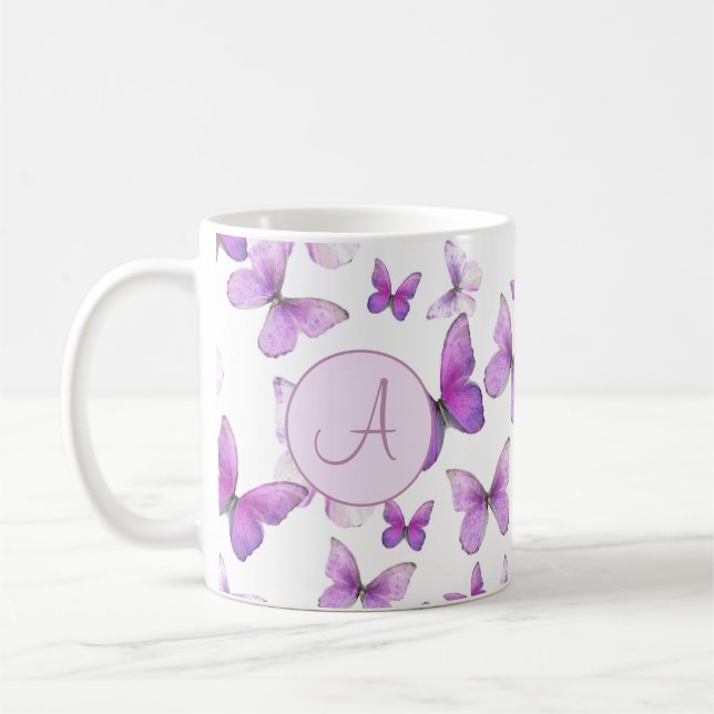 Girly Purple Pastel Butterflies Custom Monogrammed Coffee Mug (Left)