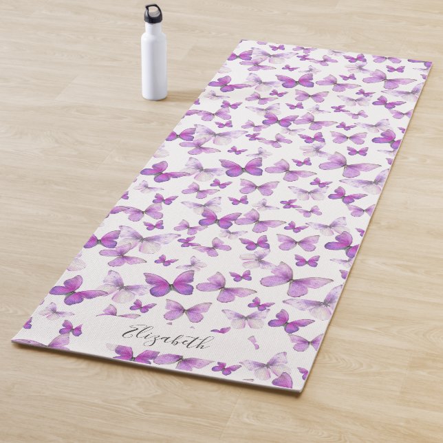 Girly Purple Pastel Butterflies Custom Name Yoga Mat (In Situ)