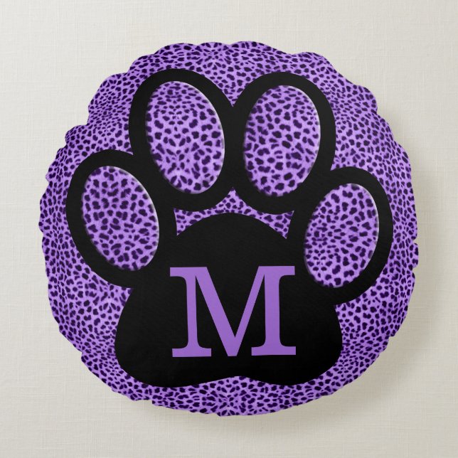 Girly Purple Paw Print with Monogram in Cheetah Round Pillow (Front)