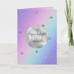 Girly Purple Pink Aqua Silver Mermaid Glitter Card