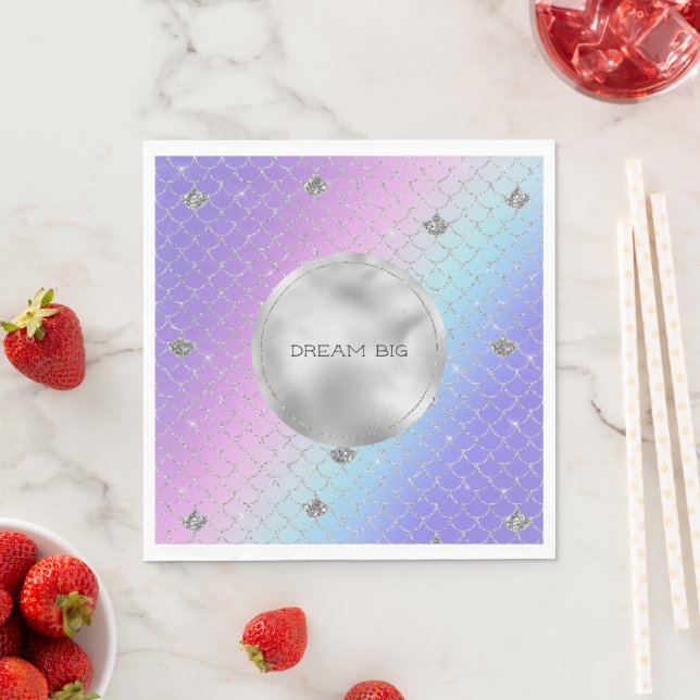 Girly Purple Pink Aqua Silver Mermaid Glitter Napkin (Insitu)