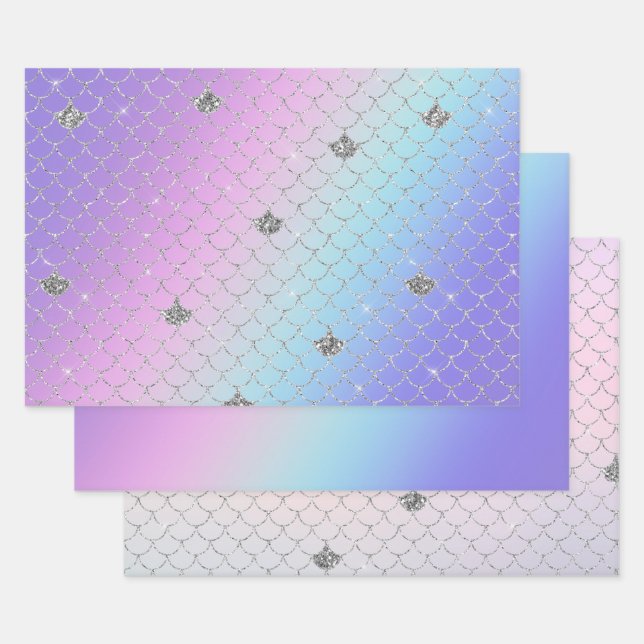 Girly Purple Pink Aqua Silver Mermaid Glitter Wrapping Paper Sheet (Set)