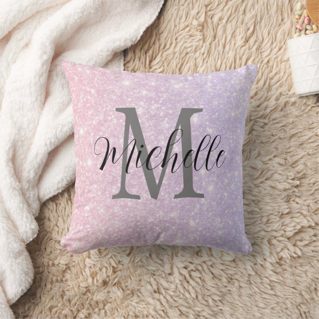 Girly Purple Pink Glitte Monogram and Name  Throw Pillow (Blanket)