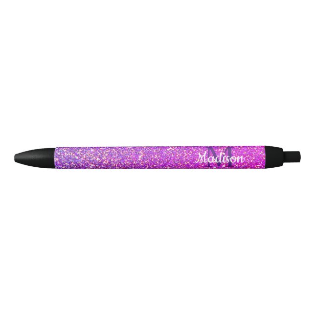 Girly Purple Pink Glitter Ombre Personalized Black Ink Pen (Front)