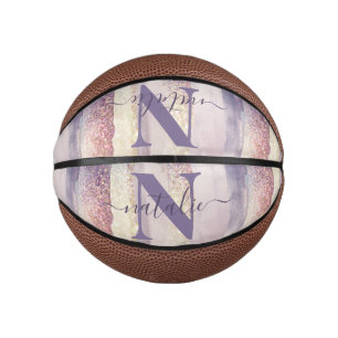 Girly purple pink glitter sparkle initial name mini basketball