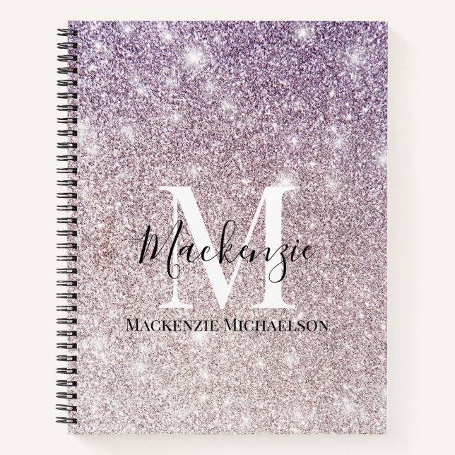 Girly Purple Pink Ombre Glitter Monogram Name Notebook (Front)