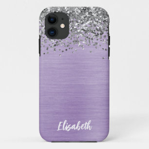 Girly Purple Sparkle Glitter Monogram Name  iPhone 11 Case